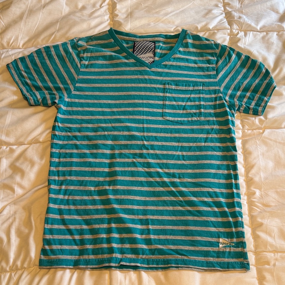 Striped V-Neck Pocket Tee in Teal & Gray - Casual Short Sleeve